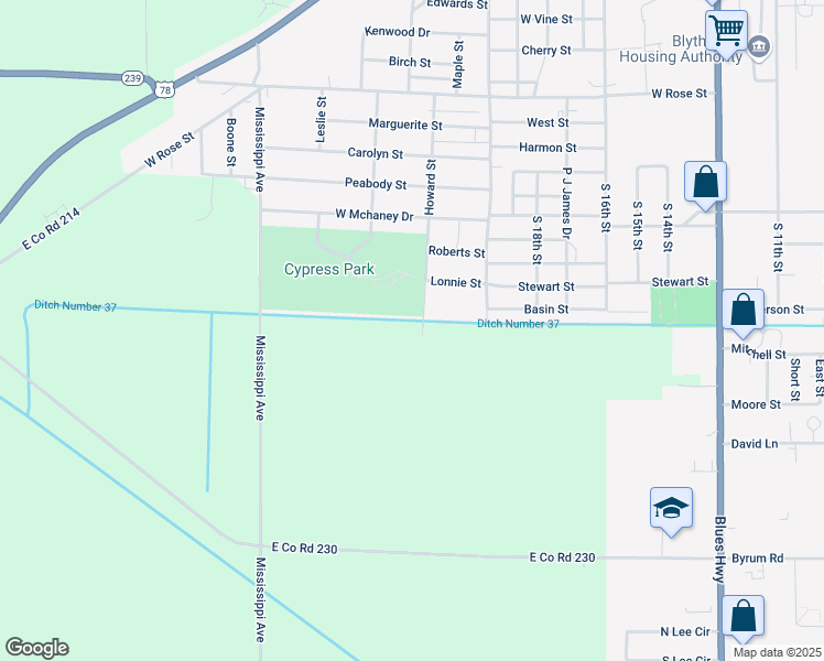 map of restaurants, bars, coffee shops, grocery stores, and more near 1300 Howard Street in Blytheville