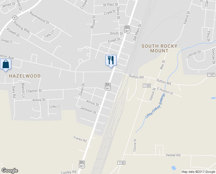 map of restaurants, bars, coffee shops, grocery stores, and more near South Church Street in Rocky Mount