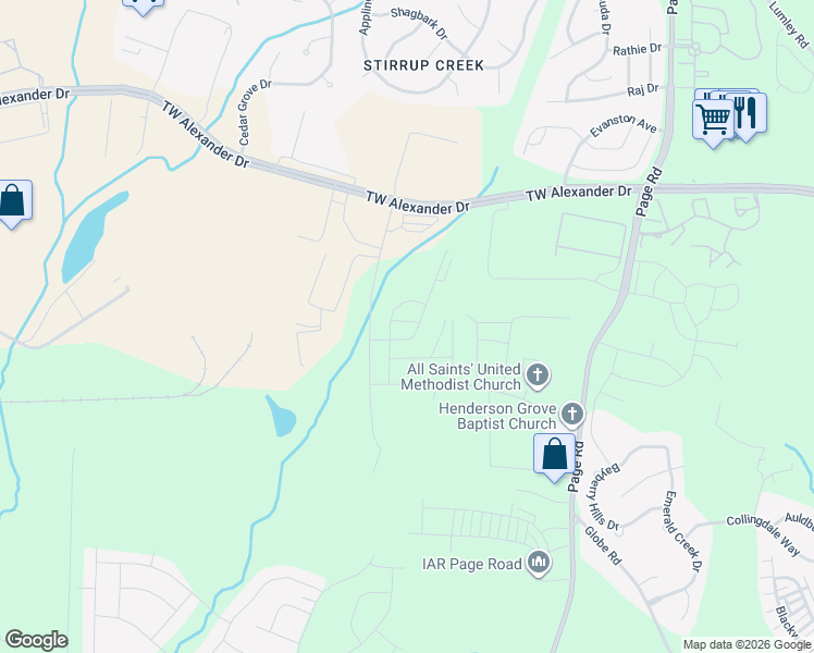 map of restaurants, bars, coffee shops, grocery stores, and more near 217 Brier Summit Place in Durham