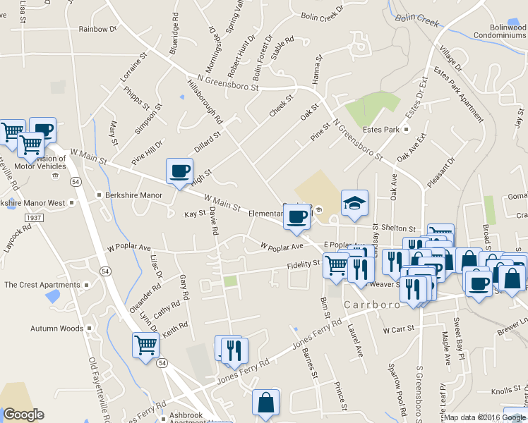 map of restaurants, bars, coffee shops, grocery stores, and more near 614 W Main St in Carrboro