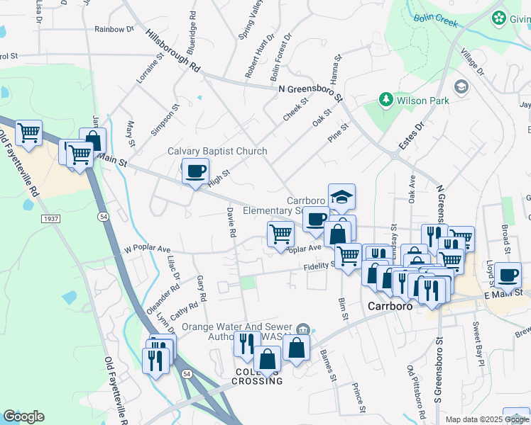 map of restaurants, bars, coffee shops, grocery stores, and more near 703 W Main St in Carrboro