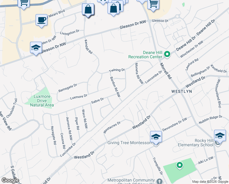 map of restaurants, bars, coffee shops, grocery stores, and more near 7704 Sabre Drive in Knoxville