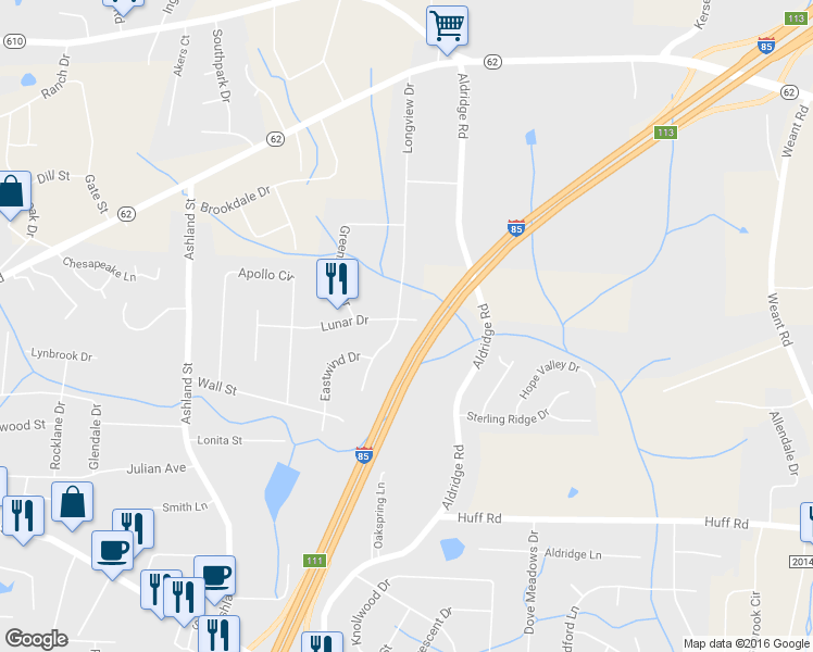 map of restaurants, bars, coffee shops, grocery stores, and more near 3501 Longview Drive in Archdale