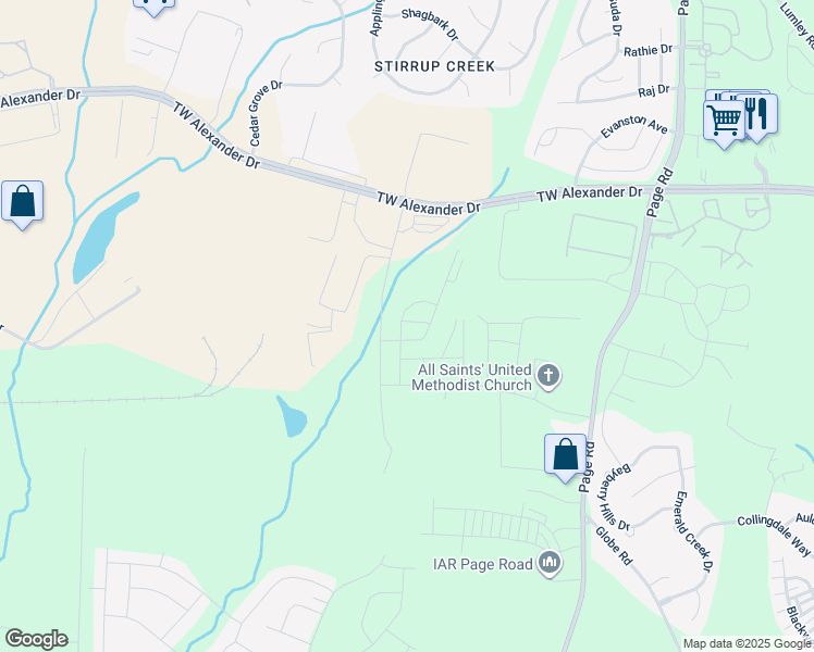map of restaurants, bars, coffee shops, grocery stores, and more near 104 Journey Place in Durham