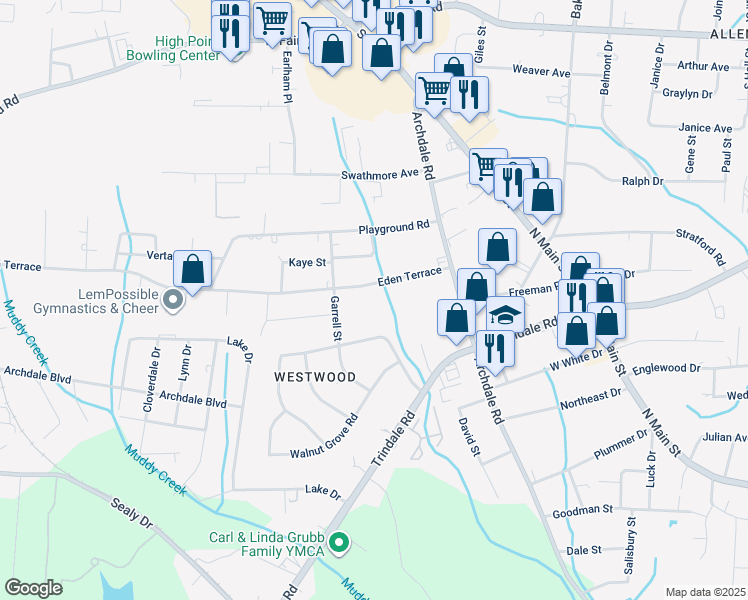 map of restaurants, bars, coffee shops, grocery stores, and more near 403 Eden Terrace in Archdale