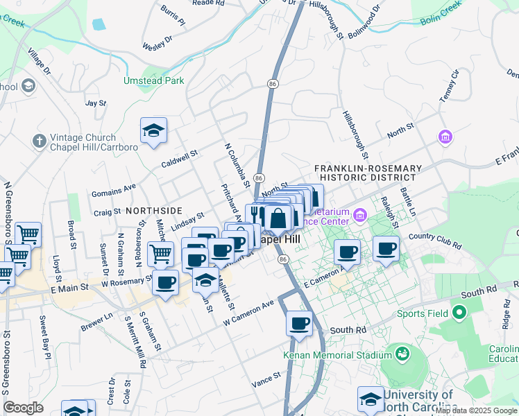 map of restaurants, bars, coffee shops, grocery stores, and more near in Chapel Hill