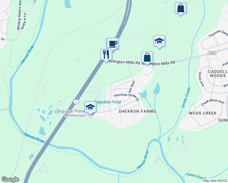 map of restaurants, bars, coffee shops, grocery stores, and more near 4306 Hillsgrove Road in Wake Forest