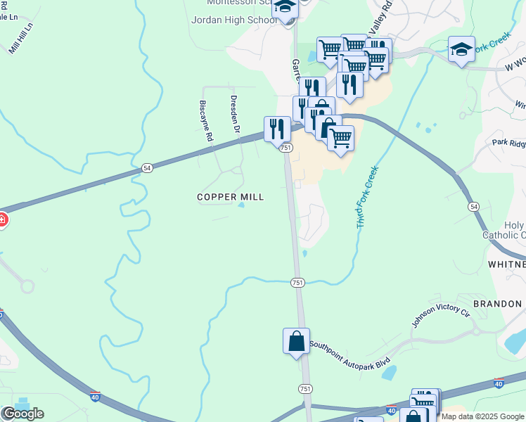 map of restaurants, bars, coffee shops, grocery stores, and more near 7250 North Carolina 751 in Durham