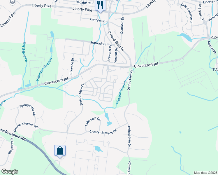 map of restaurants, bars, coffee shops, grocery stores, and more near 117 Selinawood Place in Franklin