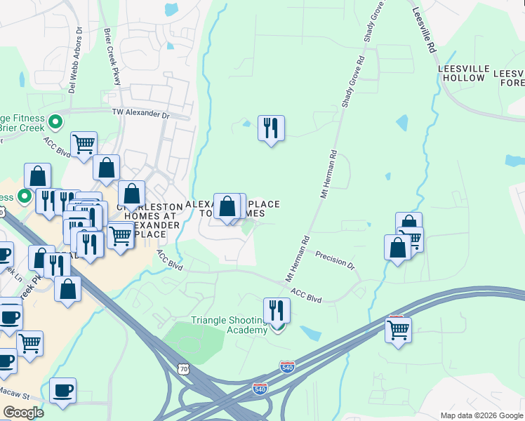 map of restaurants, bars, coffee shops, grocery stores, and more near 7643 Satinwing Lane in Raleigh