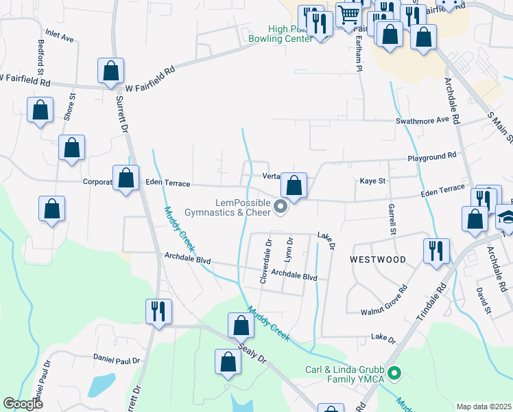 map of restaurants, bars, coffee shops, grocery stores, and more near 398 Terrace Trace Court in Archdale