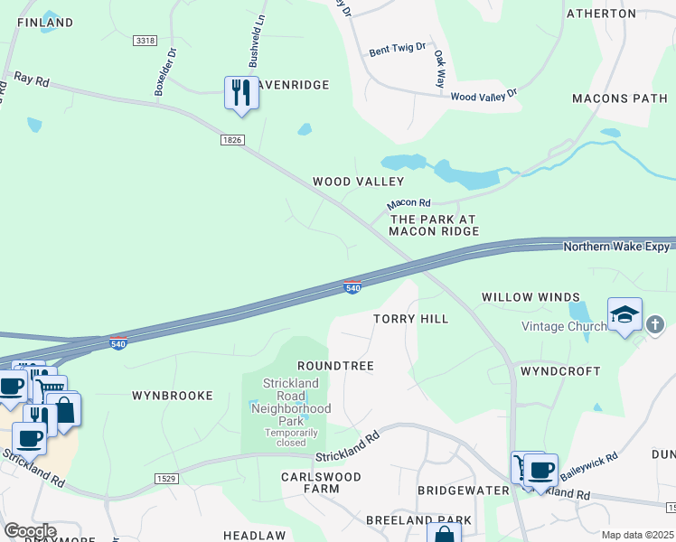map of restaurants, bars, coffee shops, grocery stores, and more near 9809 Gralyn Road in Raleigh