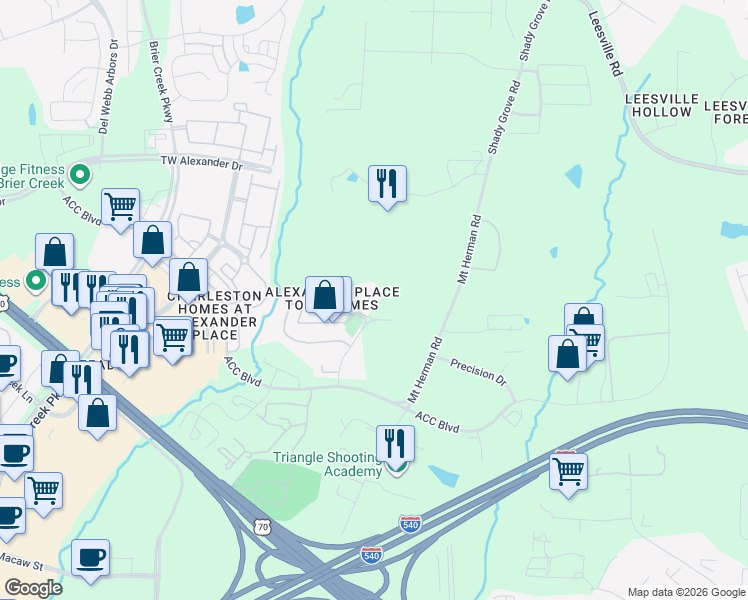 map of restaurants, bars, coffee shops, grocery stores, and more near 7643 Satinwing Lane in Raleigh
