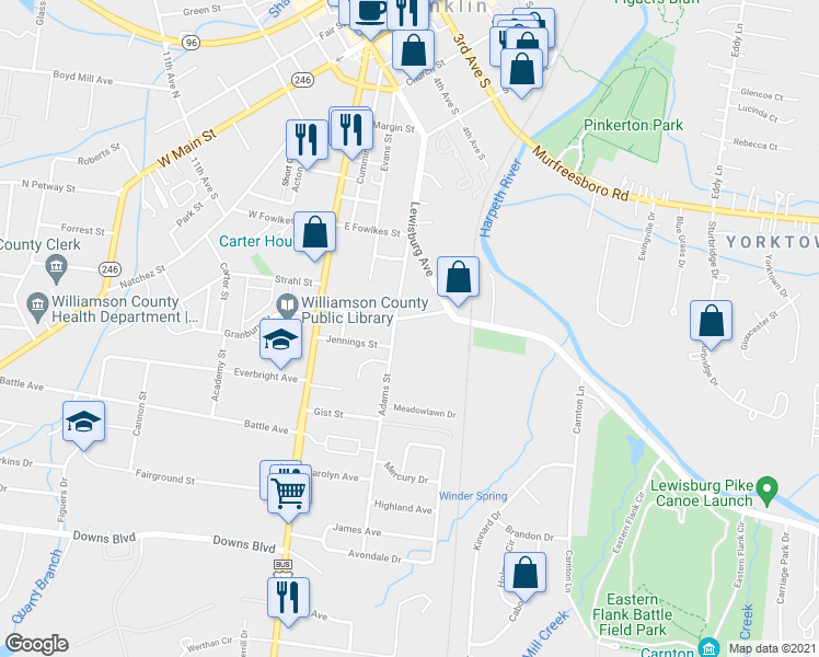 map of restaurants, bars, coffee shops, grocery stores, and more near 310 Stewart Street in Franklin
