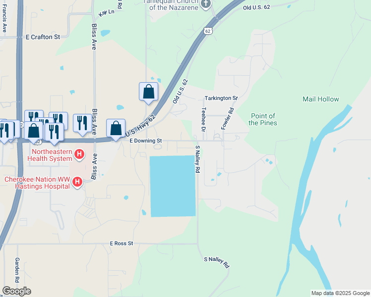 map of restaurants, bars, coffee shops, grocery stores, and more near 18001 South Nalley Road in Tahlequah