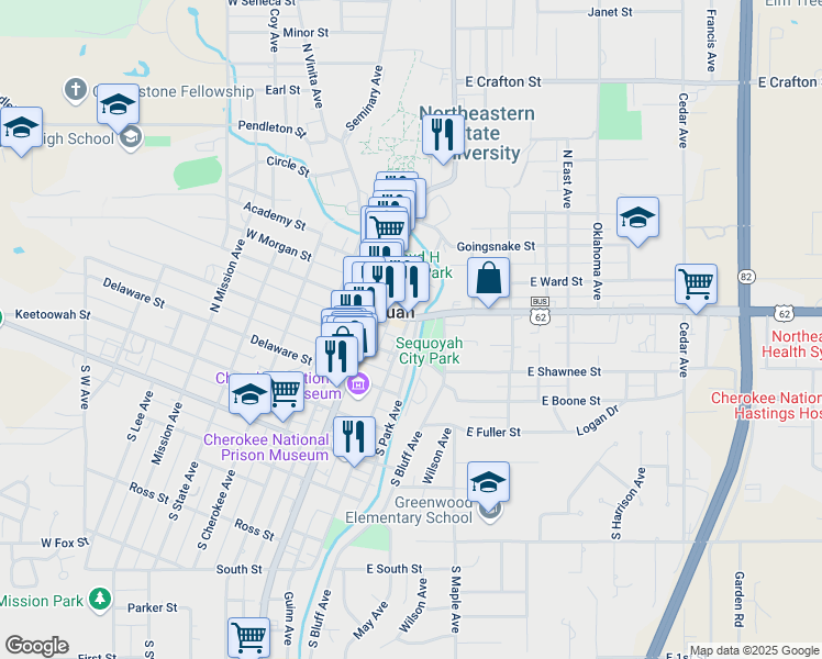 map of restaurants, bars, coffee shops, grocery stores, and more near in Tahlequah
