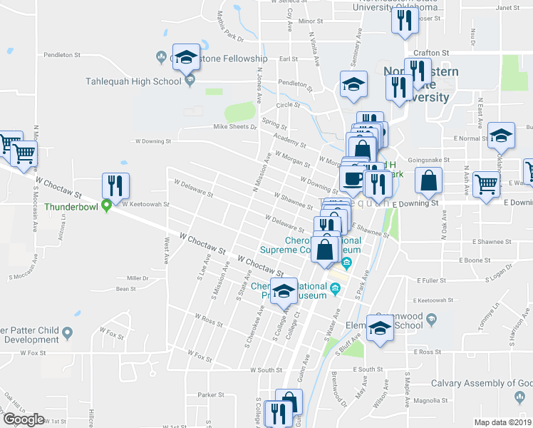 map of restaurants, bars, coffee shops, grocery stores, and more near 425 West Delaware Street in Tahlequah