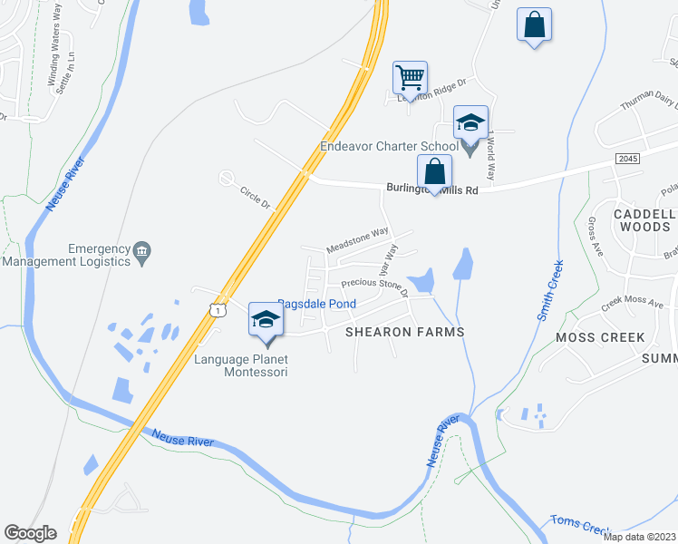 map of restaurants, bars, coffee shops, grocery stores, and more near 4310 Hillsgrove Road in Wake Forest