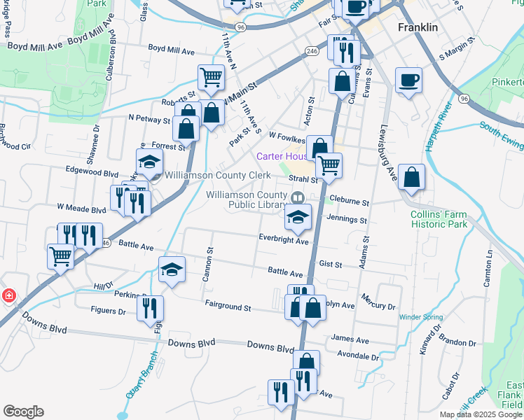 map of restaurants, bars, coffee shops, grocery stores, and more near 1287 Carter Street in Franklin