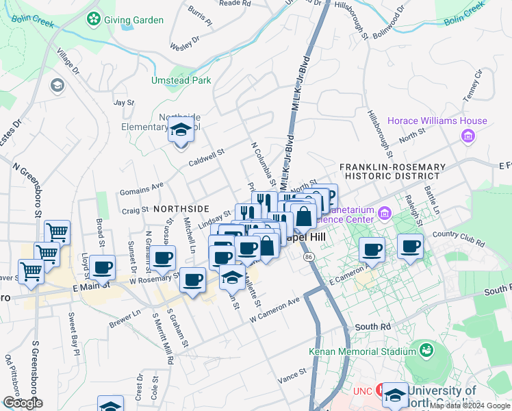 map of restaurants, bars, coffee shops, grocery stores, and more near 307 Pritchard Avenue in Chapel Hill