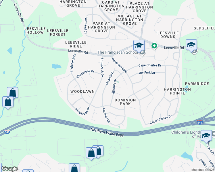 map of restaurants, bars, coffee shops, grocery stores, and more near 9600 Miranda Drive in Raleigh