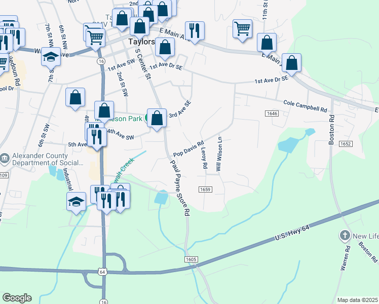 map of restaurants, bars, coffee shops, grocery stores, and more near 419 Pop Davis Road in Taylorsville