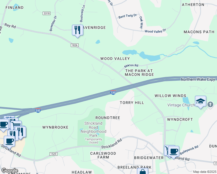 map of restaurants, bars, coffee shops, grocery stores, and more near 9809 Gralyn Road in Raleigh