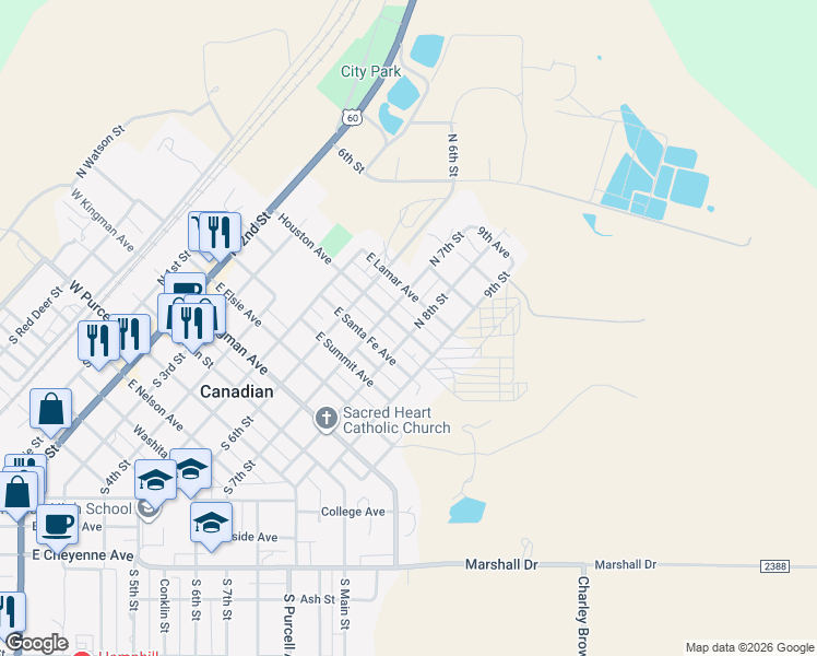 map of restaurants, bars, coffee shops, grocery stores, and more near North 8th Street in Canadian