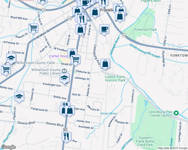map of restaurants, bars, coffee shops, grocery stores, and more near 310 Stewart Street in Franklin