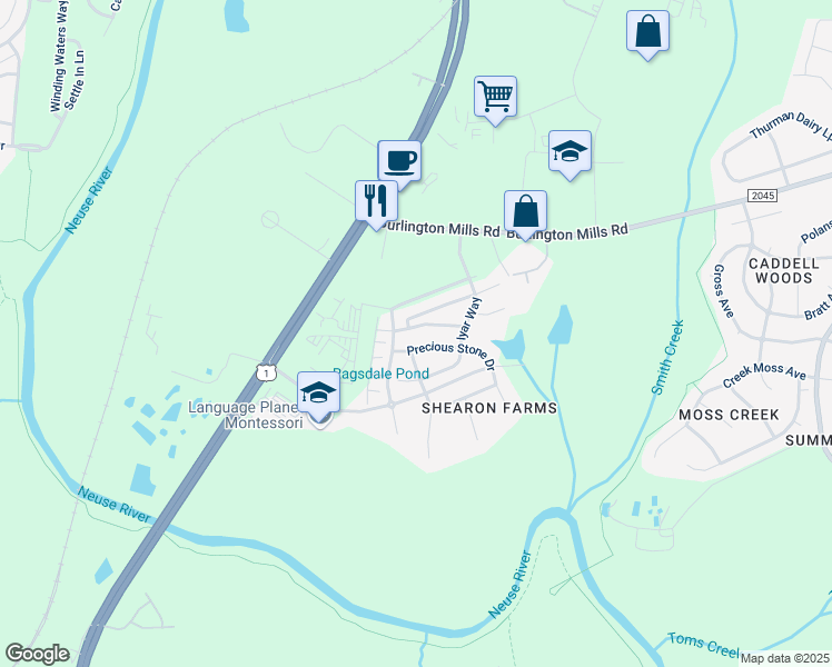 map of restaurants, bars, coffee shops, grocery stores, and more near 9842 Precious Stone Drive in Wake Forest