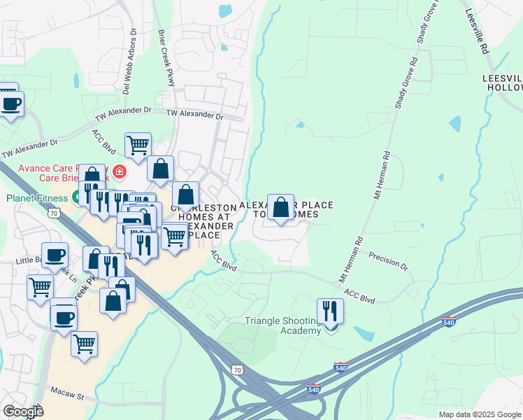 map of restaurants, bars, coffee shops, grocery stores, and more near 7894 Spungold Street in Raleigh