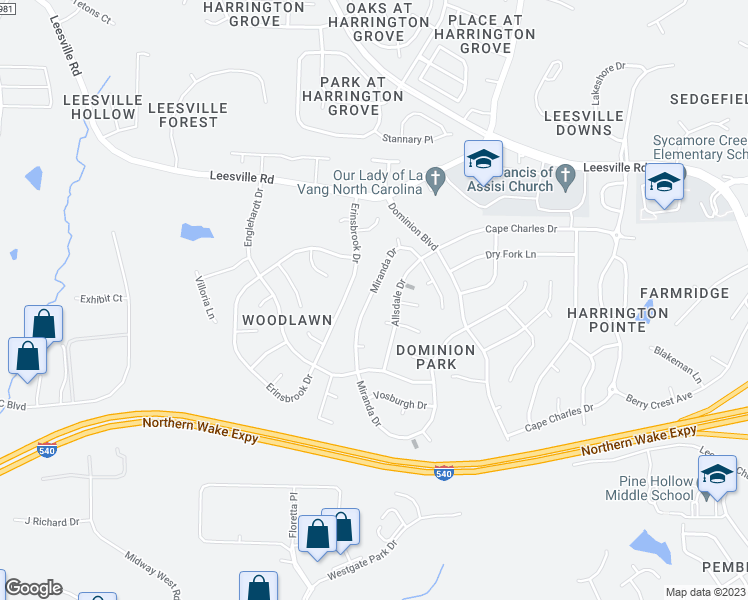 map of restaurants, bars, coffee shops, grocery stores, and more near 9600 Miranda Drive in Raleigh