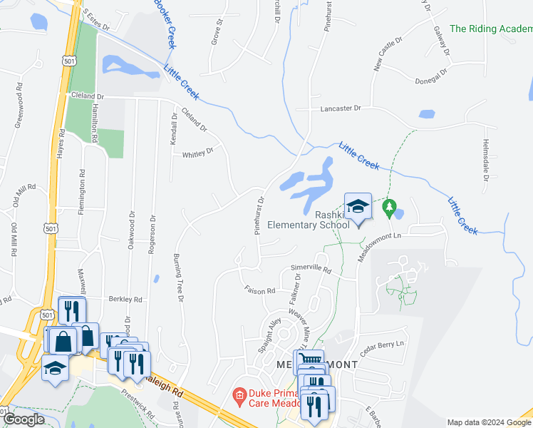 map of restaurants, bars, coffee shops, grocery stores, and more near 1015 Pinehurst Drive in Chapel Hill