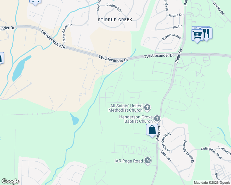 map of restaurants, bars, coffee shops, grocery stores, and more near 515 Judge Court in Durham