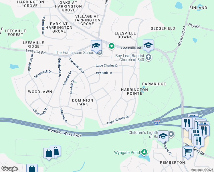 map of restaurants, bars, coffee shops, grocery stores, and more near 9604 Berryville Court in Raleigh