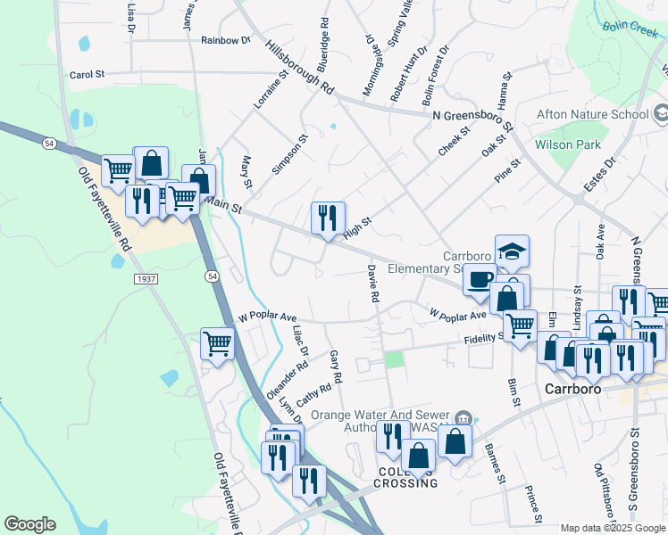 map of restaurants, bars, coffee shops, grocery stores, and more near 106 Kay St in Carrboro