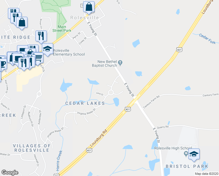 map of restaurants, bars, coffee shops, grocery stores, and more near 520 Alicante Street in Rolesville