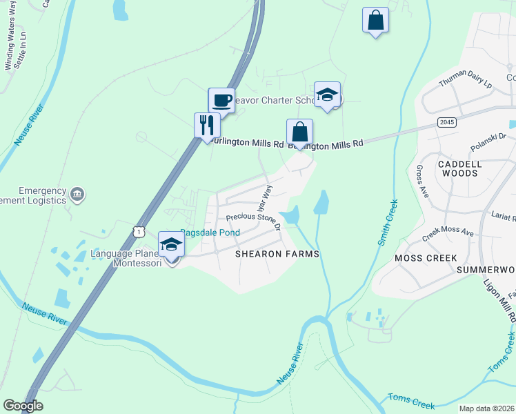 map of restaurants, bars, coffee shops, grocery stores, and more near 9816 Precious Stone Drive in Wake Forest