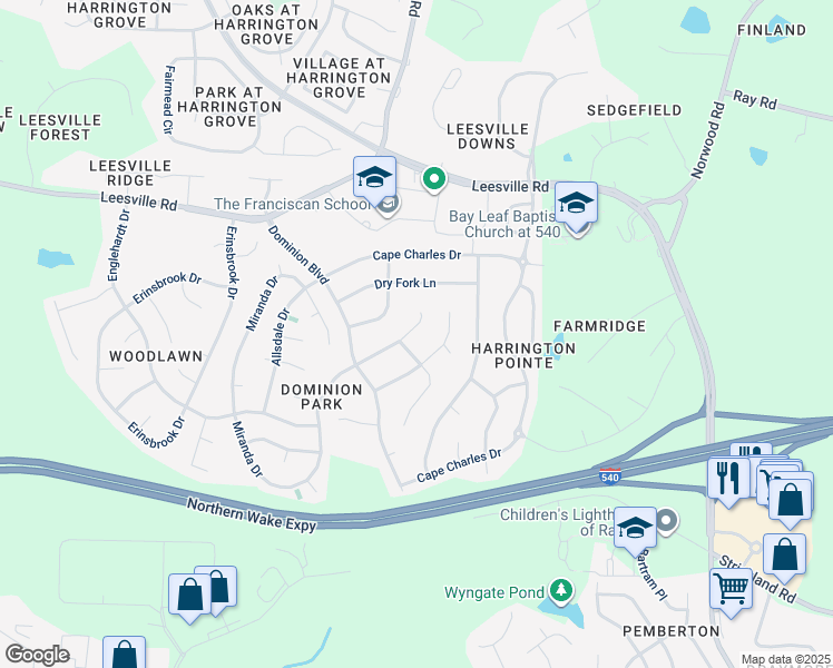 map of restaurants, bars, coffee shops, grocery stores, and more near 9604 Berryville Court in Raleigh
