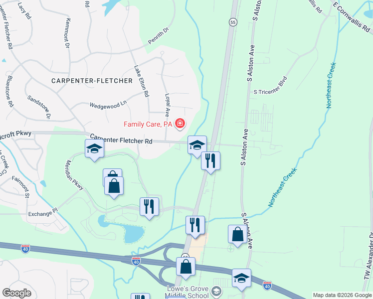 map of restaurants, bars, coffee shops, grocery stores, and more near 1414 Carpenter Fletcher Road in Durham
