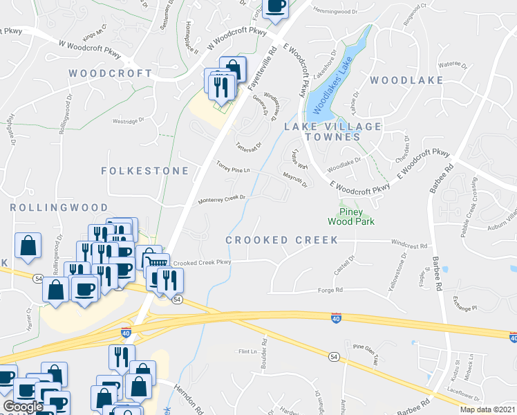 map of restaurants, bars, coffee shops, grocery stores, and more near 25 Creeks Edge Court in Durham
