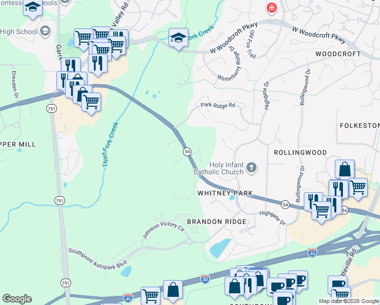 map of restaurants, bars, coffee shops, grocery stores, and more near 4703 Squirrel Hollow Lane in Durham