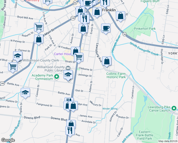 map of restaurants, bars, coffee shops, grocery stores, and more near 1254 Adams Street in Franklin