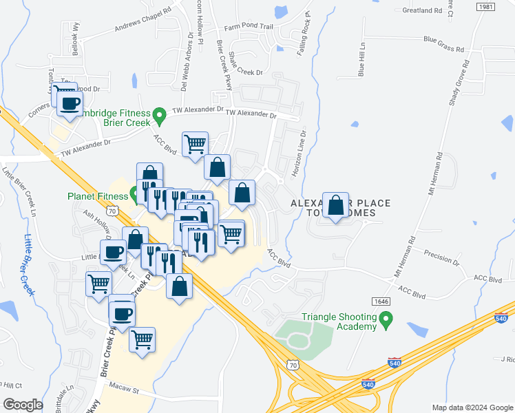 map of restaurants, bars, coffee shops, grocery stores, and more near 7751 ACC Boulevard in Raleigh
