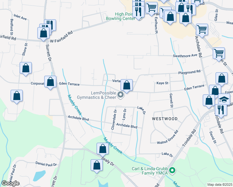 map of restaurants, bars, coffee shops, grocery stores, and more near 711 Eden Terrace in Archdale