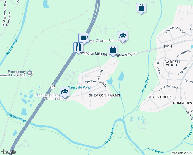 map of restaurants, bars, coffee shops, grocery stores, and more near 9816 Precious Stone Drive in Wake Forest