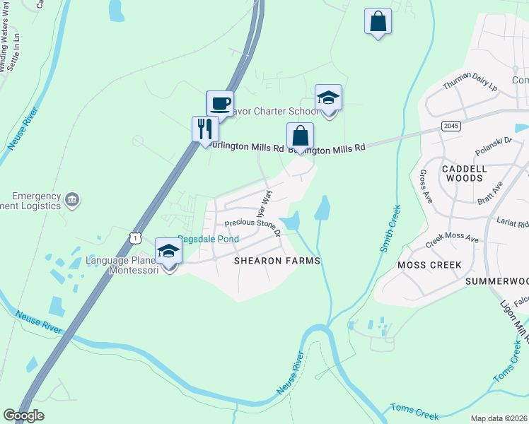 map of restaurants, bars, coffee shops, grocery stores, and more near 9816 Precious Stone Drive in Wake Forest