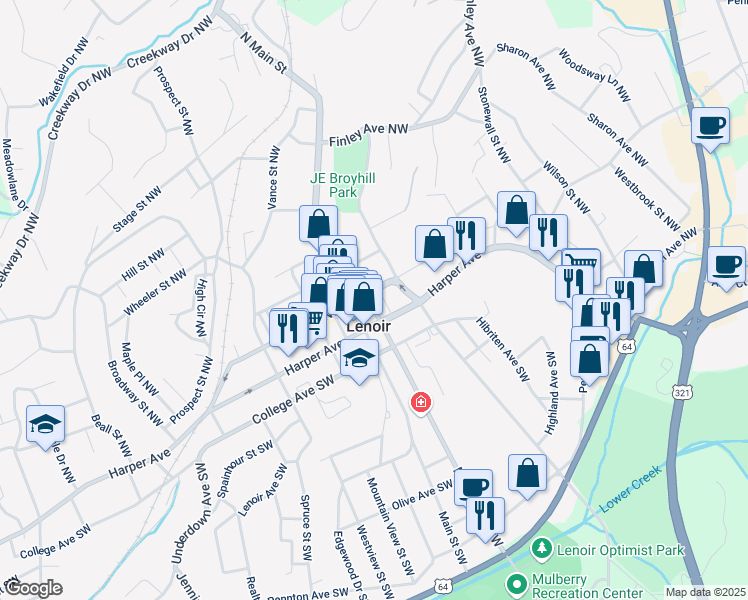 map of restaurants, bars, coffee shops, grocery stores, and more near in Lenoir