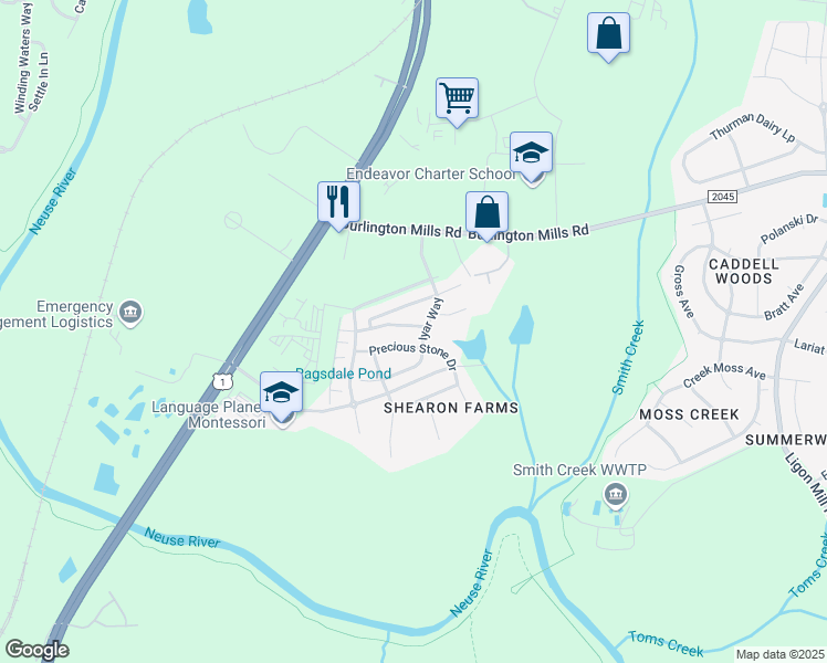 map of restaurants, bars, coffee shops, grocery stores, and more near 4434 Hillsgrove Road in Wake Forest