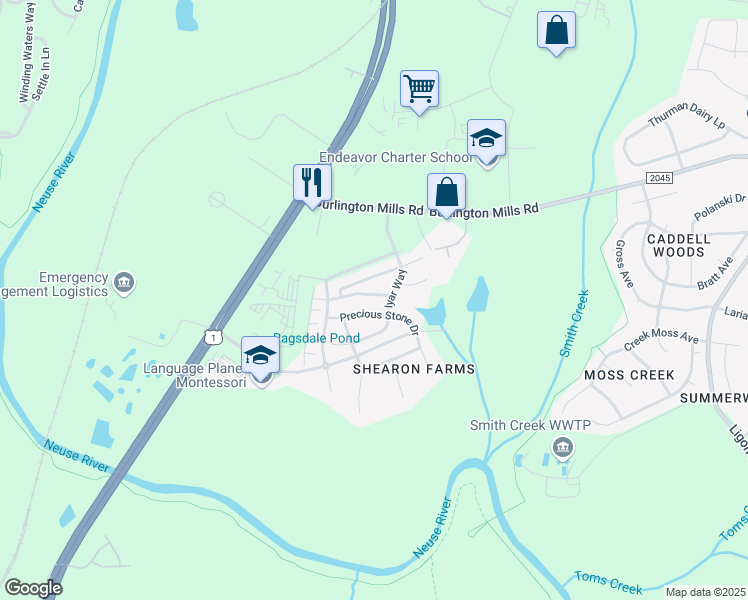 map of restaurants, bars, coffee shops, grocery stores, and more near 4430 Hillsgrove Road in Wake Forest